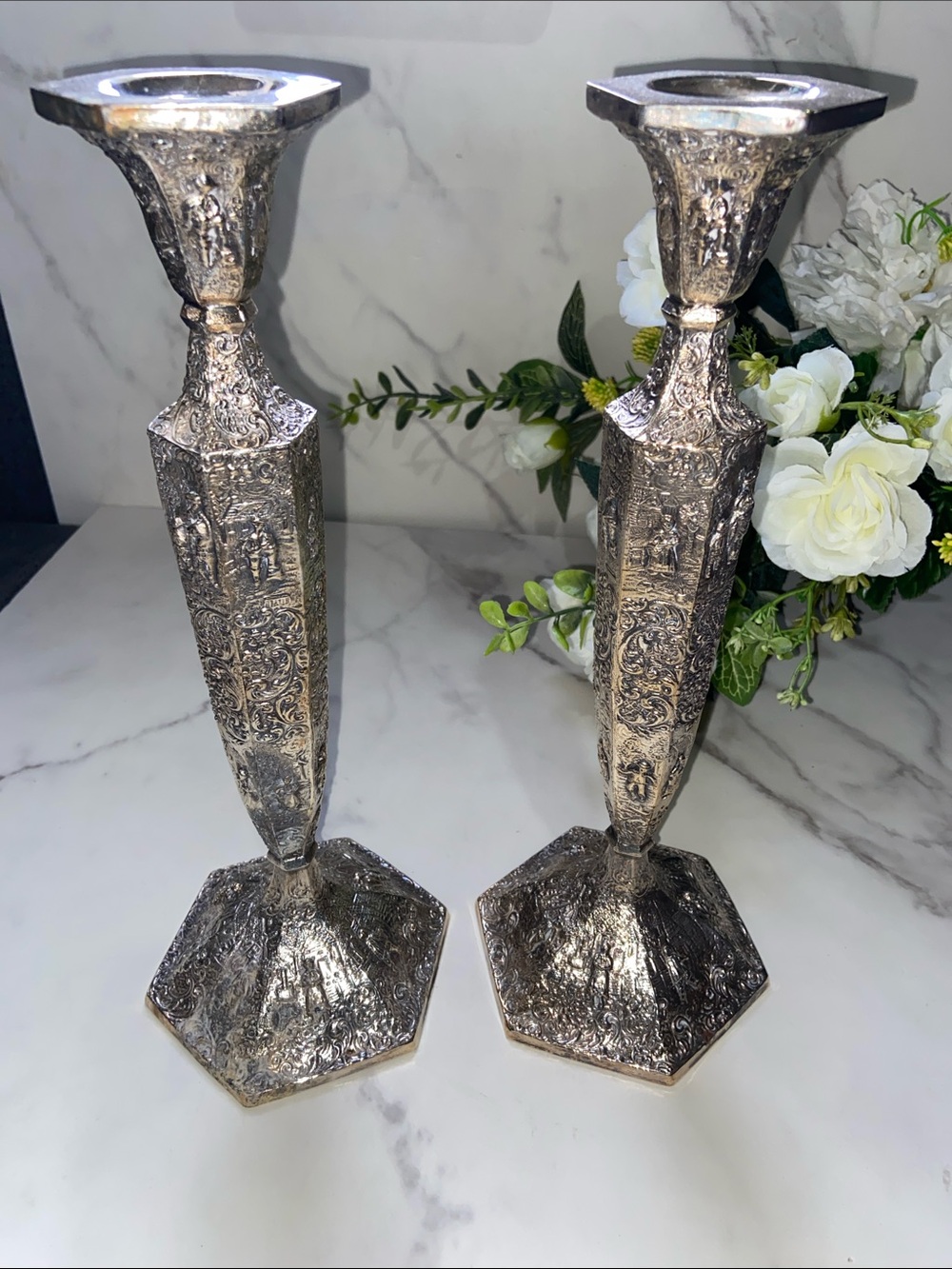 Antique Dutch Ornate Silver MFG Metal Candlestick Pair Elegant Candle Holders